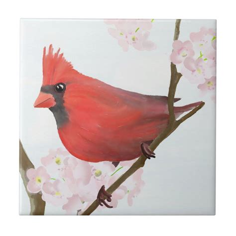 Red Cardinal Bird (Male) Sitting on Cherry Blossom Ceramic Tile ...