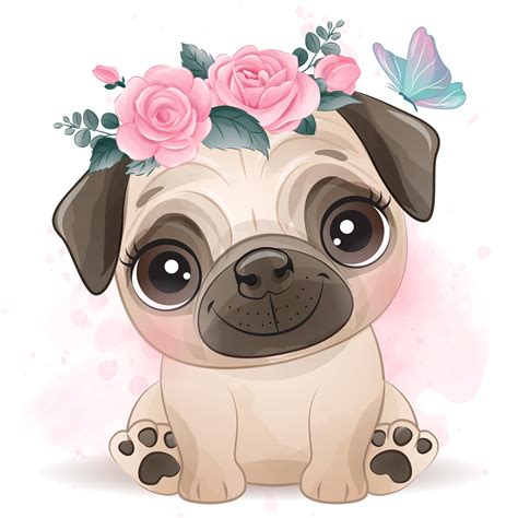 Cute pug clipart with watercolor illustration