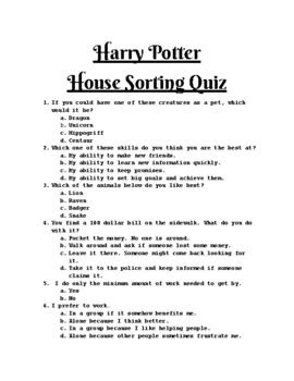 Harry Potter House Sorting Quiz With Answer Sheet TPT