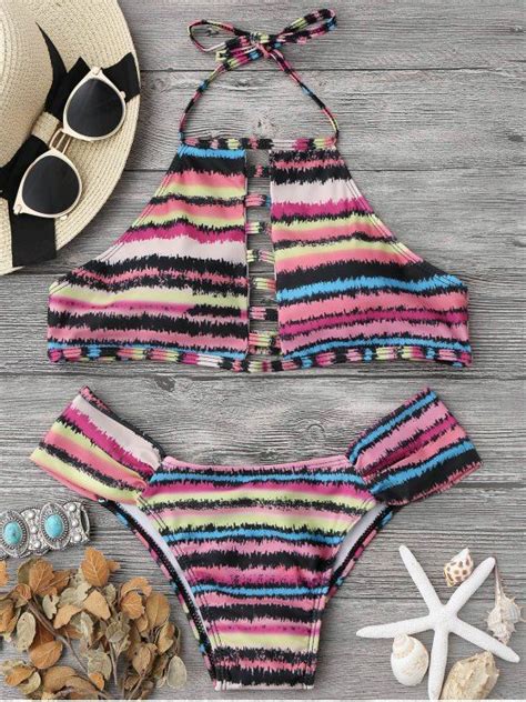 Ad Ladder Cutout Striped High Neck Bikini Set Multicolor Colorful