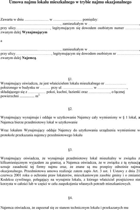 Umowa Najmu Lokalu Mieszkalnego W Trybie Najmu Okazjonalnego Pdf Free