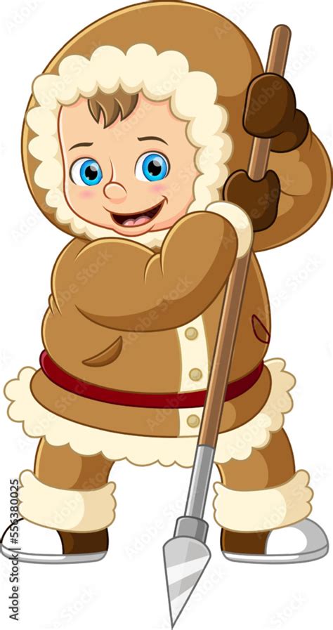 Cartoon eskimo boy holding a spear Stock Vector | Adobe Stock