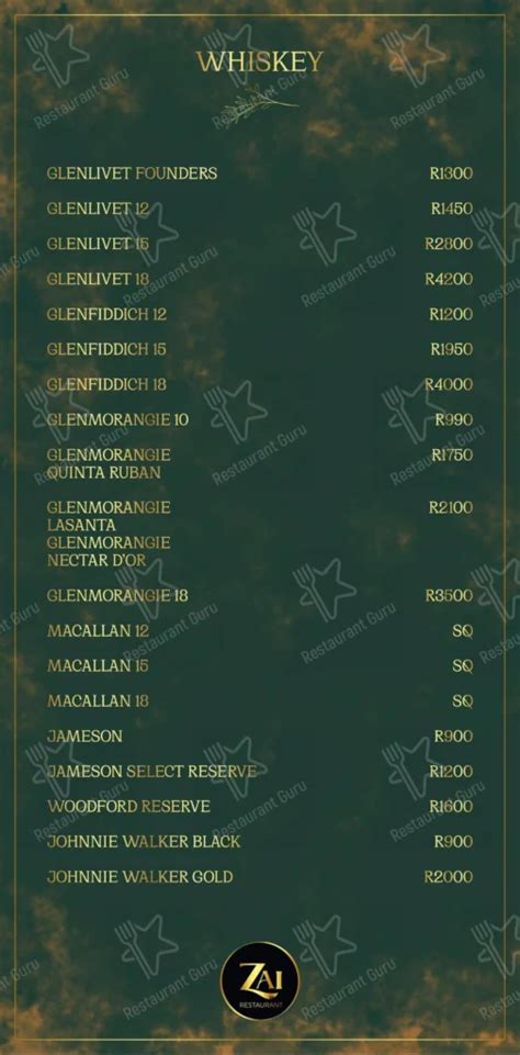 Zai Restaurant Menu With Updated Prices In South Africa Menu Za