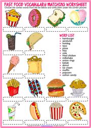 Fast Food ESL Vocabulary Matching Exercise Worksheet