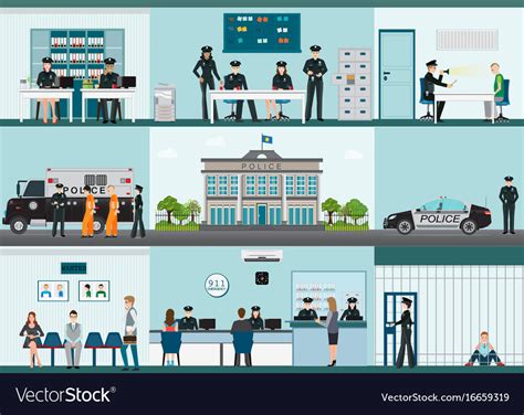 Modern police station building and interior set Vector Image