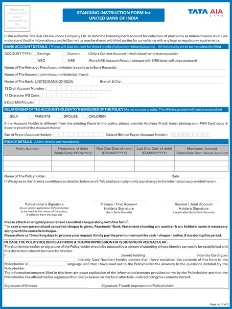 Standing Instruction Form For United Bank Tata Aia Life Fill Out And