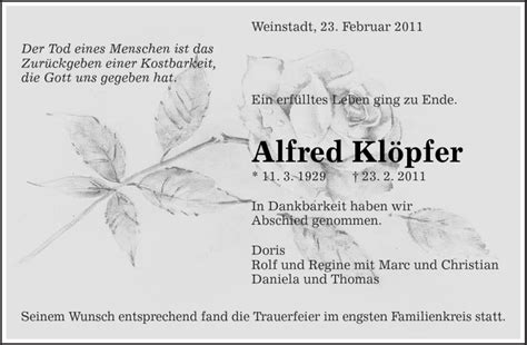 Traueranzeigen von Alfred Klöpfer ZVW Trauer