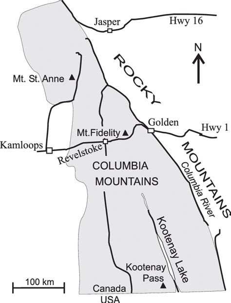 Map of Columbia Mountains in western Canada showing study sites at Mt ...