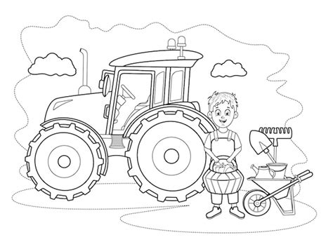 Coloriage Fermier Avec Panier De Légumes Tracteur Brouette Et Outils