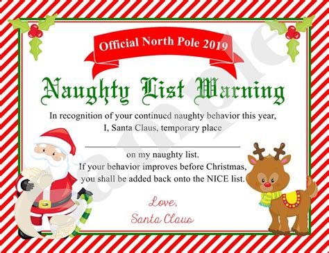 Santa Nice List Certificate Christmas Printable Naughty Etsy