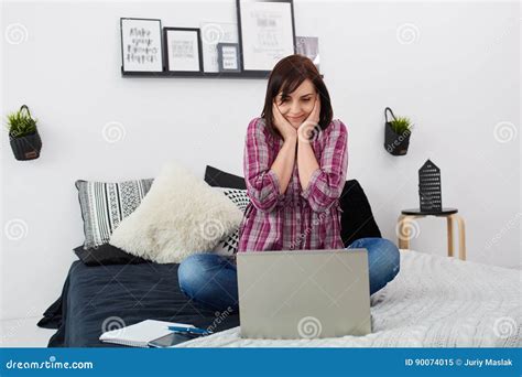 Young Freelancer Woman Using Laptop Happy Smiling Girl Working O Stock