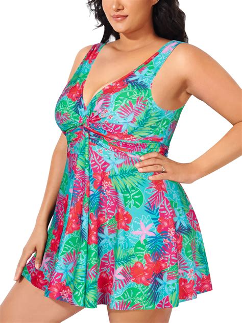 Womens Plus Size Two Piece Swimdress Twist Knot V Neck Floral Bathing