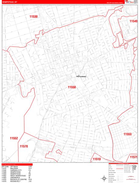 Hempstead New York Zip Code Wall Map Red Line Style By Marketmaps Mapsales