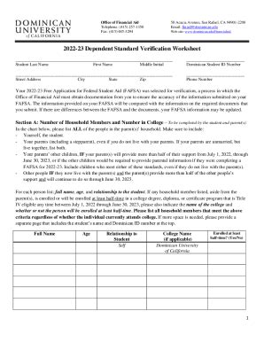 Fillable Online Dependent Standard Verification Worksheet Fax