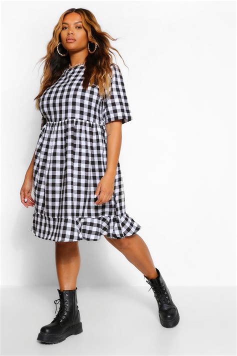 Plus Woven Gingham Ruffle Smock Dress Boohoo Uk