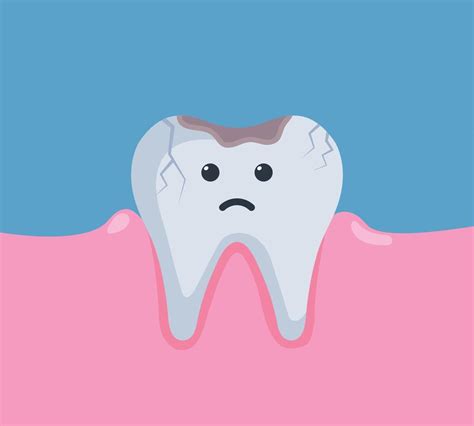 Sad Painful Damaged Darkened Tooth With Hole Caries Decay Cavity Toothache Cartoon Character