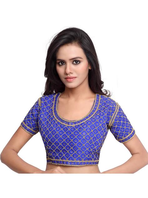 Blue Color Raw Silk Embroidered Readymade Saree Blouse Designs Surat