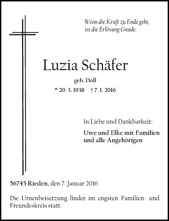 Traueranzeigen von Luzia Schäfer rz trauer de