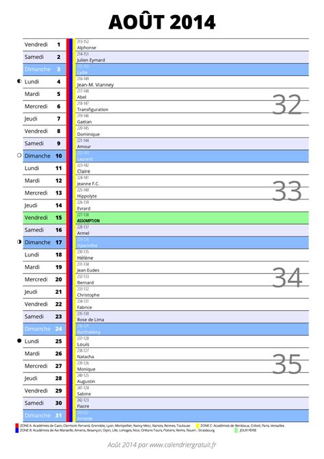 Calendrier Aout 2014