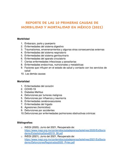 Primeras Causas De Morbilidad Y Mortalidad En M Xico Reporte De