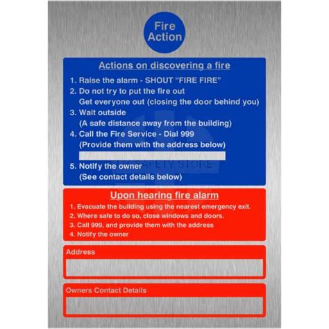 Hotel Guest House Brushed Aluminium Fire Action Notice Sign Uk Saf