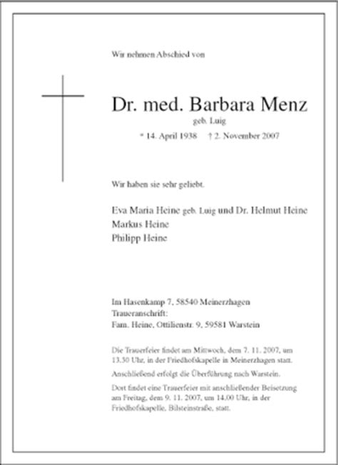 Traueranzeigen Von Barbara Menz Trauer In Nrw De