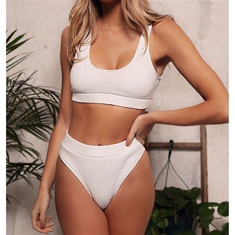 White Bikini Knit Swimsuit Women S Fashion Swimwear Bikinis Swimsuits On Carousell