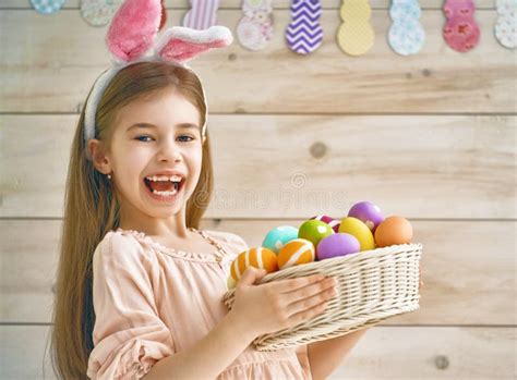 Girl Holding Basket With Eggs Stock Image Image Of Hold Easter