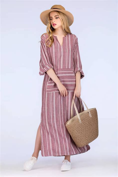 Cotton Stitching Irregular Striped Long Dress Gender Woman Season