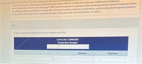 Solved Concord Company S Sales Budget Projects Unit Sales Of Chegg