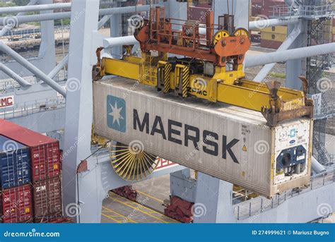 View On The Maersk Owned Container Loaded On The Cargo Ship Editorial