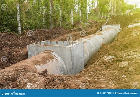 Concrete Culvert Drainage Water Row On A Construction Site Concrete