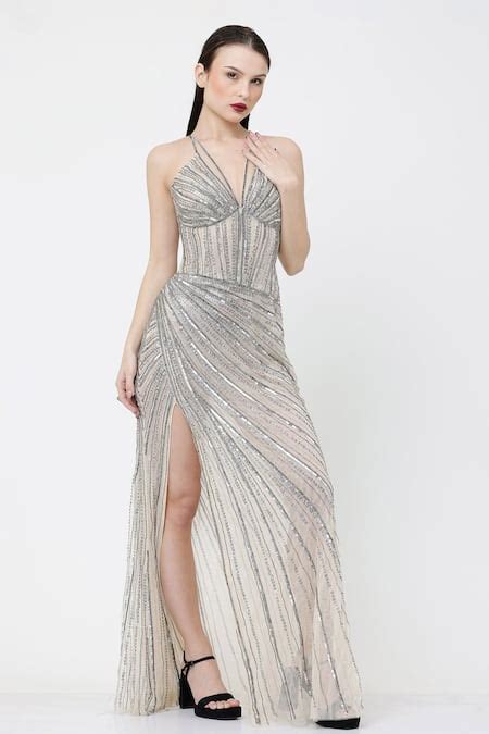 Buy White 100 Nylon Mesh Hand Embellished Sequins V Neck Side Slit Gown For Women By Ambrosia