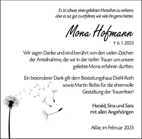 Traueranzeigen Von Mona Hofmann Vrm Trauer De