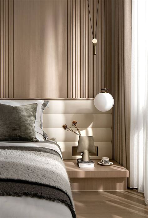 A Modern Bedroom With Wood Paneled Walls And White Bedding Along With