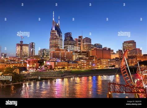 City of Nashville Tennessee at night on the Cumberland River in ...