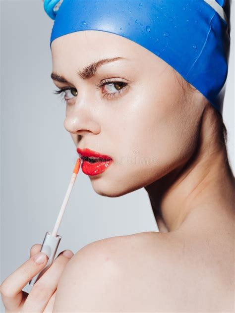 Sexy Nude Woman Blue Swimming Cap Red Lips Stock Photos Free Royalty Free Stock Photos From