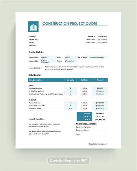 Free Construction Quote Templates Word Excel Pdf