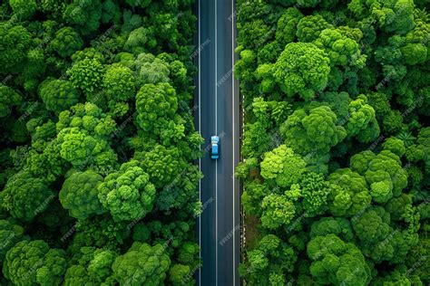 Premium Photo | Aerial view of green forest and black asphalt road top ...