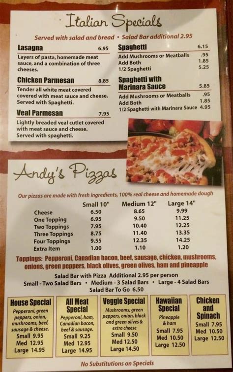 Menu at Andy's Pizza pizzeria, Dunlap