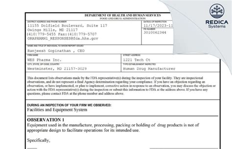 Wes Pharma Inc Form 483 2023 11 21 Redica Systems Store