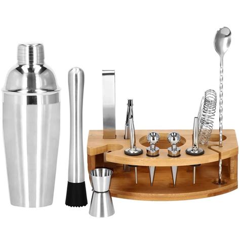 Kit Pentru Barmani Cocktail Shaker Suport Bambus Inox Set 12 Piese