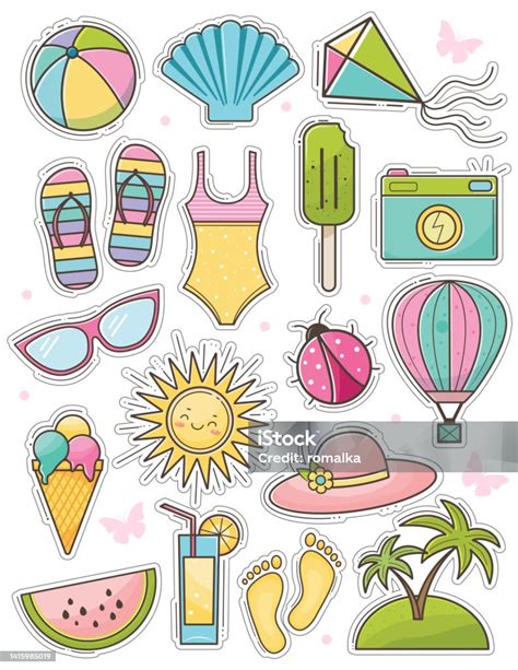 Set Of Cute Summer Stickers Vector Illustration Flat Style Stock Illustration Download Image