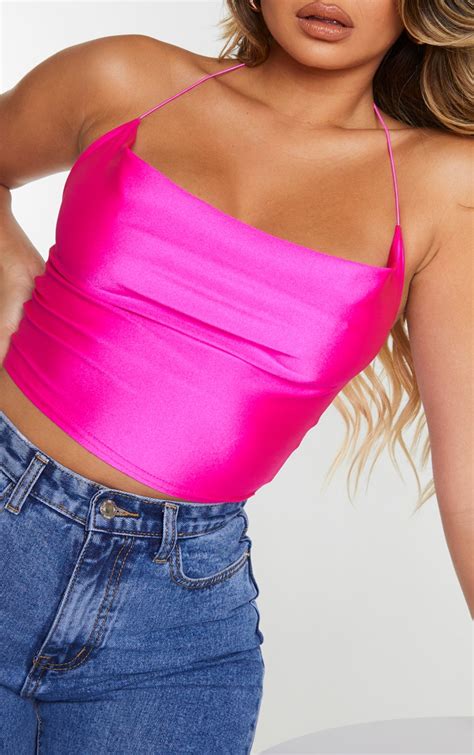 Hot Pink Disco Cowl Neck Crop Top Tops Prettylittlething