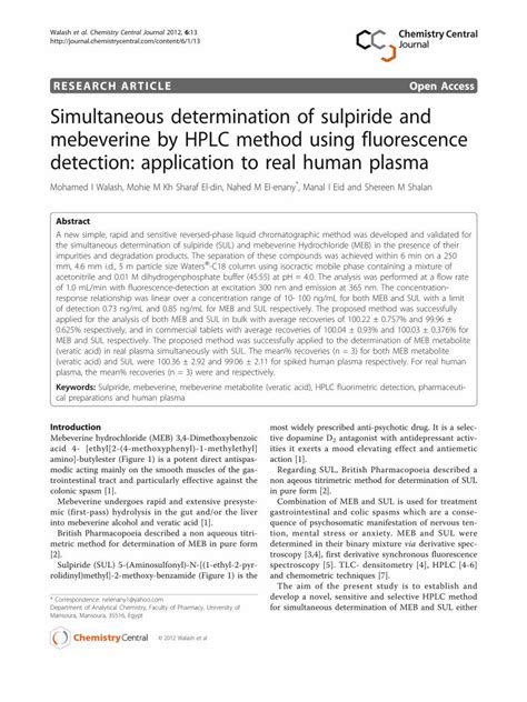 Pdf Simultaneous Determination Of Sulpiride And Mebeverine By Hplc