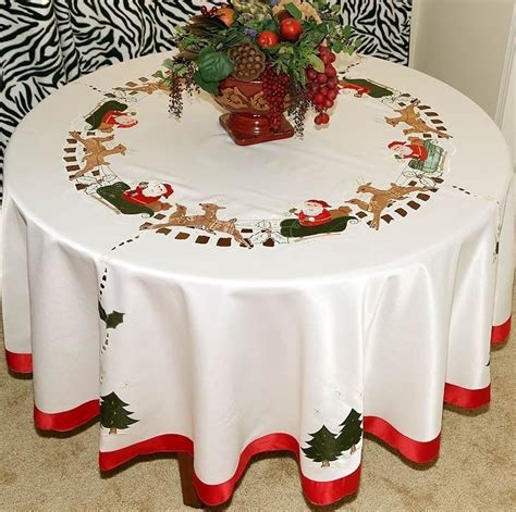 Vintage Christmas Embroidered Santa Tablecloth Round Whiteivory With