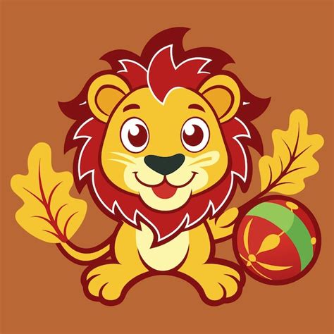 A Cute Cartoon Lion With Red Mane And A Bright Orange Ball In His Paw