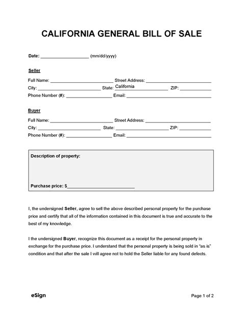 Free California General Bill Of Sale Form Pdf Word Eforms Riset