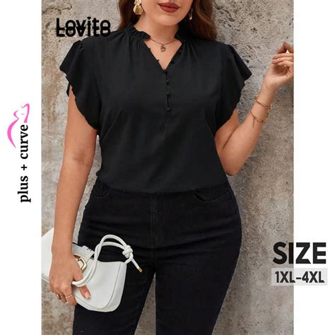 Lovito Plus Size Curve Casual Plain Button Front Ruffle Neck Blouse For