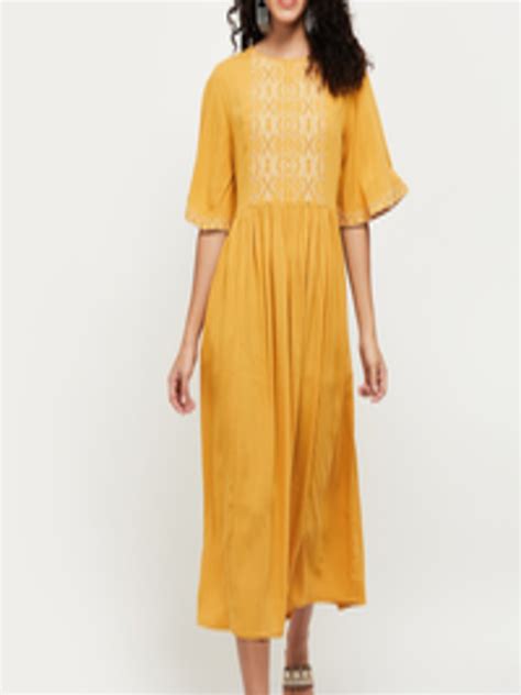 Buy Max Mustard Yellow Ethnic Motifs A Line Midi Dress Dresses For